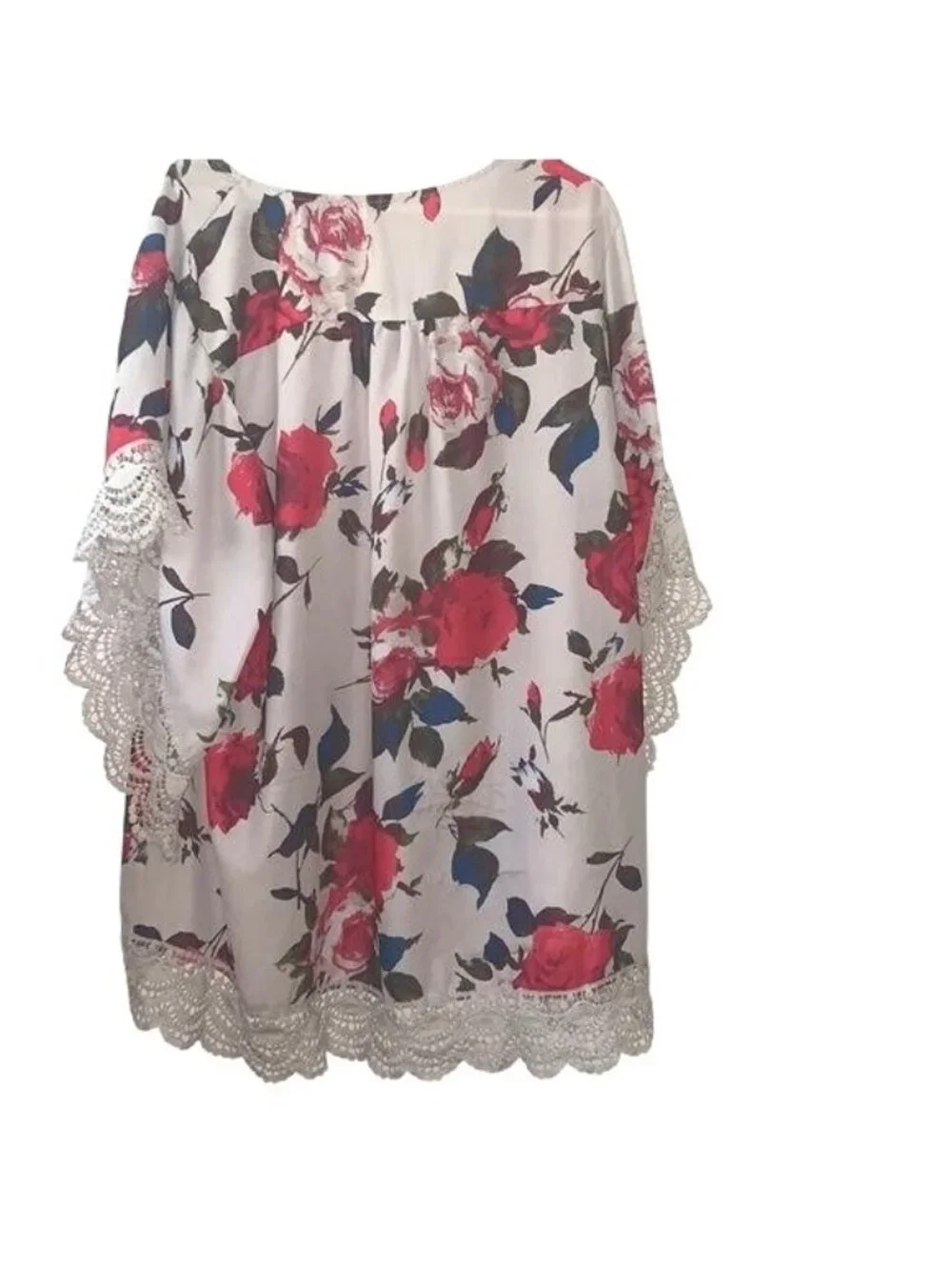 Floral Rose Print Kimono Cardigan Lace Trim Lightweight Coverup - Picture 6 of 10